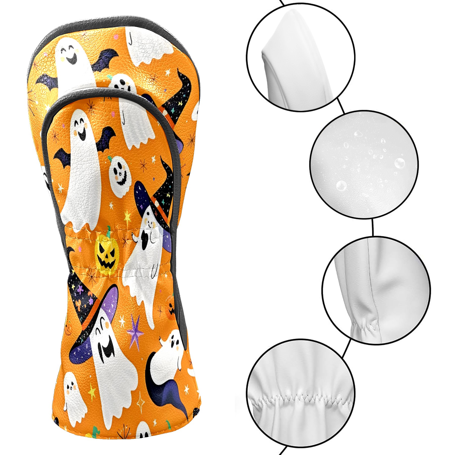 Golf Club Covers, Orange GhostPumpkin Premium PU Leather Driver Hybrid Putter Head Covers with Velvet Lining, Waterproof Golf Gifts for Men Women