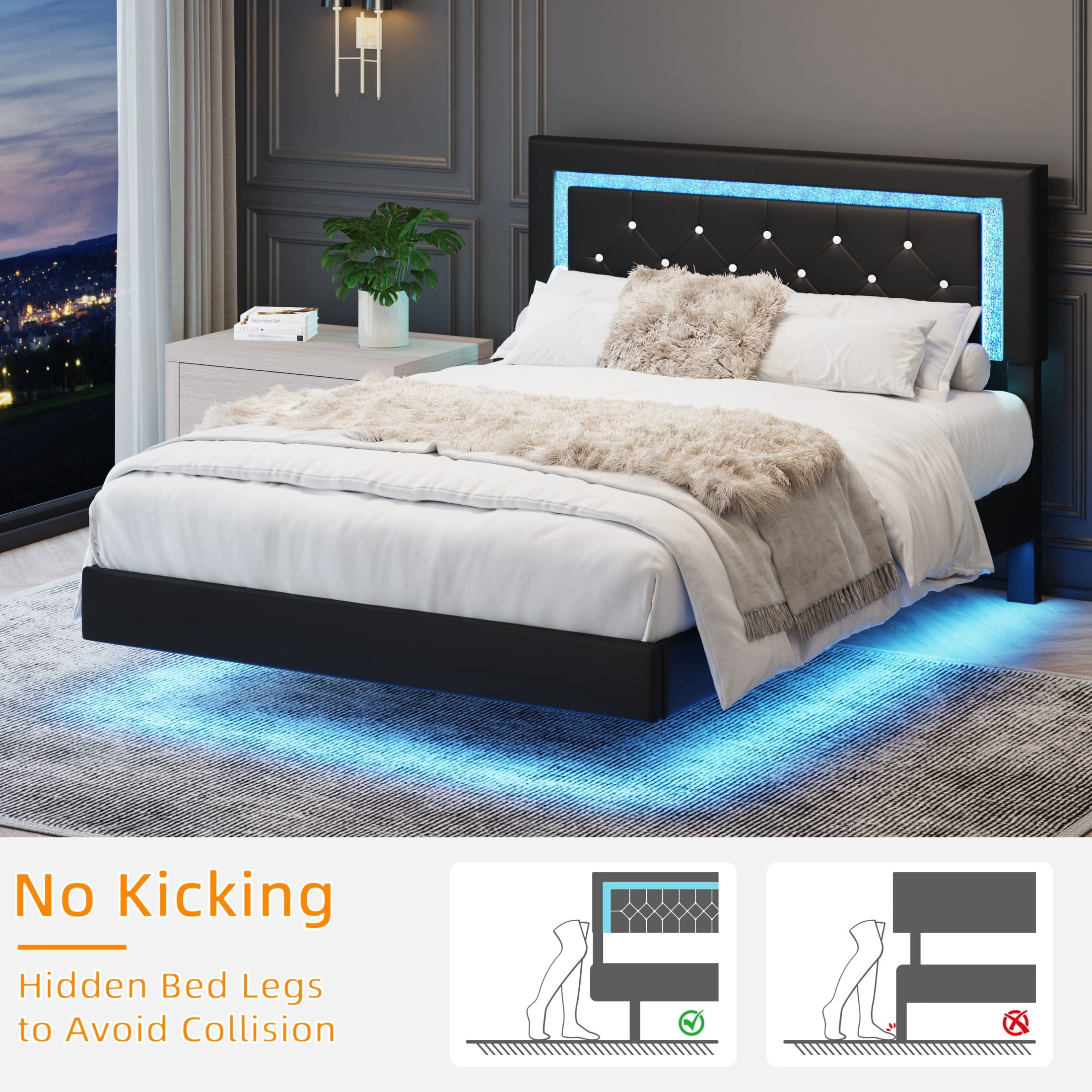 Noble House Elliana Full Size Upholstered Floating Platform Bed Frame with Diamond Tufted Headboard, LED Lights, Black