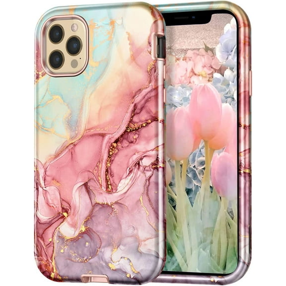 CASEFIV for iPhone 12 Pro Max Case,Marble Pattern Heavy Duty Shockproof Full Body Protective Phone Cover for Women Girls,Rose Gold