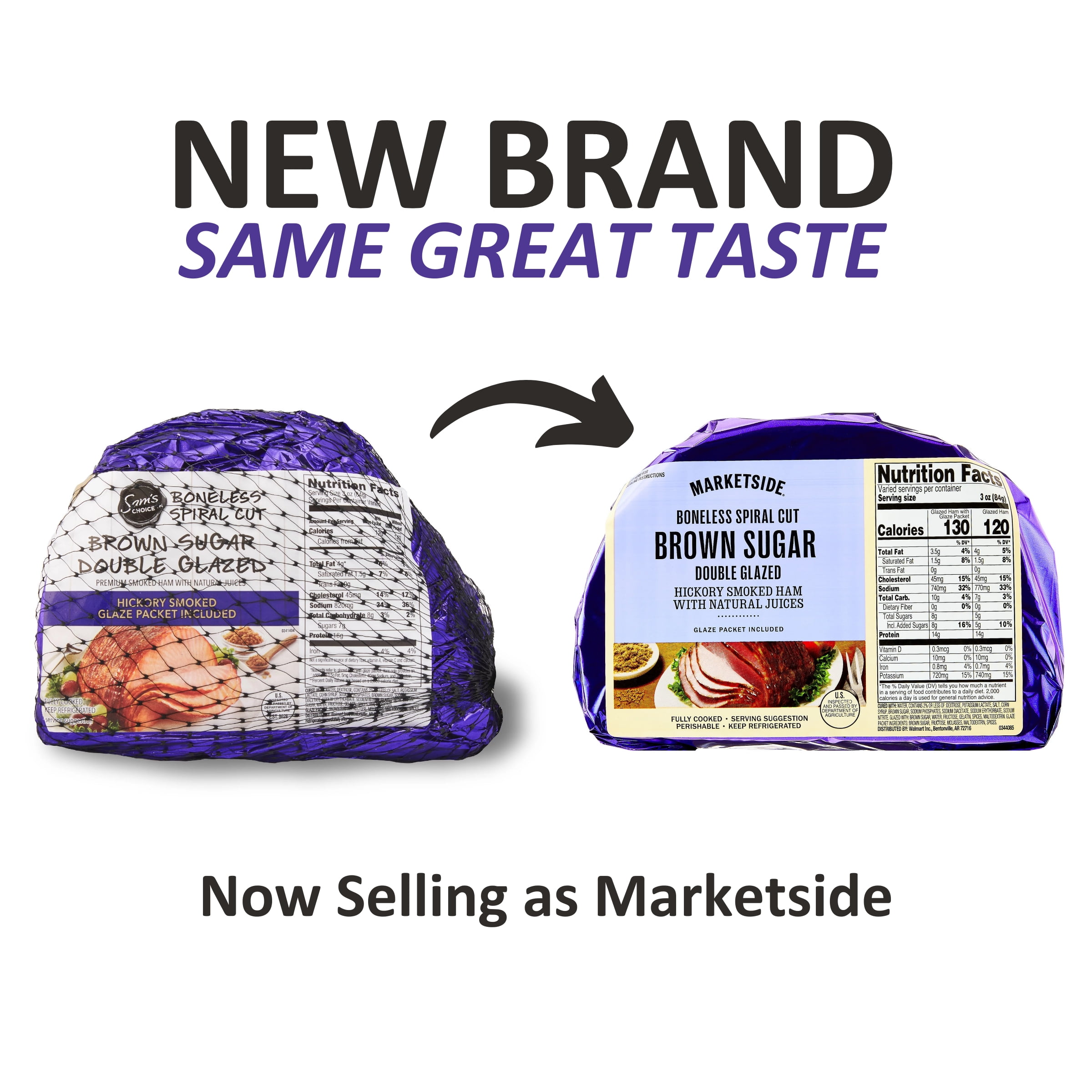 Marketside Natural Juice Boneless Spiral-Cut Brown Sugar Double Glazed Ham, Whole Muscle Cut, Pork, 3 - 4.8 lbs, 13g grams of protein per serving