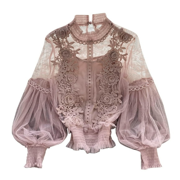 Sense Of Design Three Flowers See Through Mesh Balloon Sleeve Slim Crop Top Women's Lace Base Layer Extra Long Tops for Women