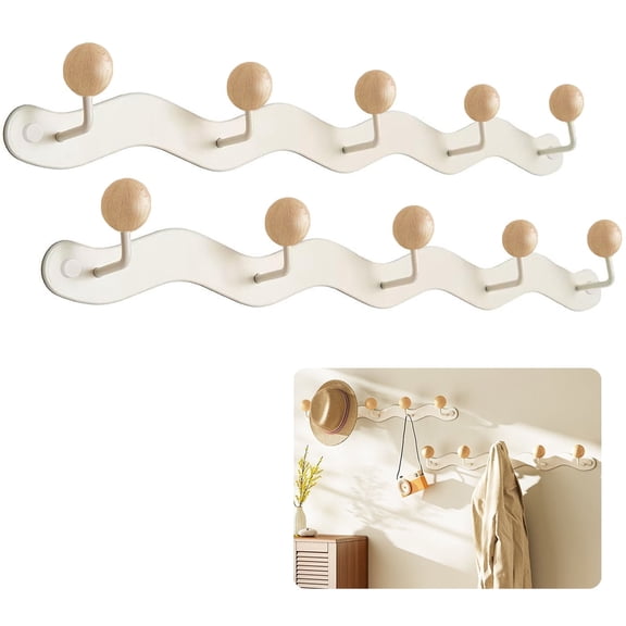 Coat Rack Wall Mount,White Wall Hooks Adhesive & Screw in,Anti-Tear Wooden Ball Hook Rail, Heavy Duty Metal Coat Hanger Wall Mount for Entryway, Bathroom, Bedroom, Kitchen2PACK,5Hooks