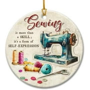 Sewing Machine Christmas Ornament 2025, Quilting Ornaments - Seamstress Gifts for Sewing Enthusiasts, Lovers, Sewers, Quilters Grandma, Mom - Round Ceramic Holiday Keepsake