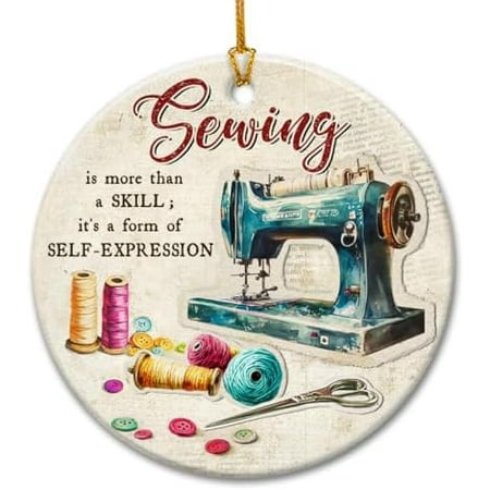 Sewing Machine Christmas Ornament 2025, Quilting Ornaments - Seamstress Gifts for Sewing Enthusiasts, Lovers, Sewers, Quilters Grandma, Mom - Round Ceramic Holiday Keepsake