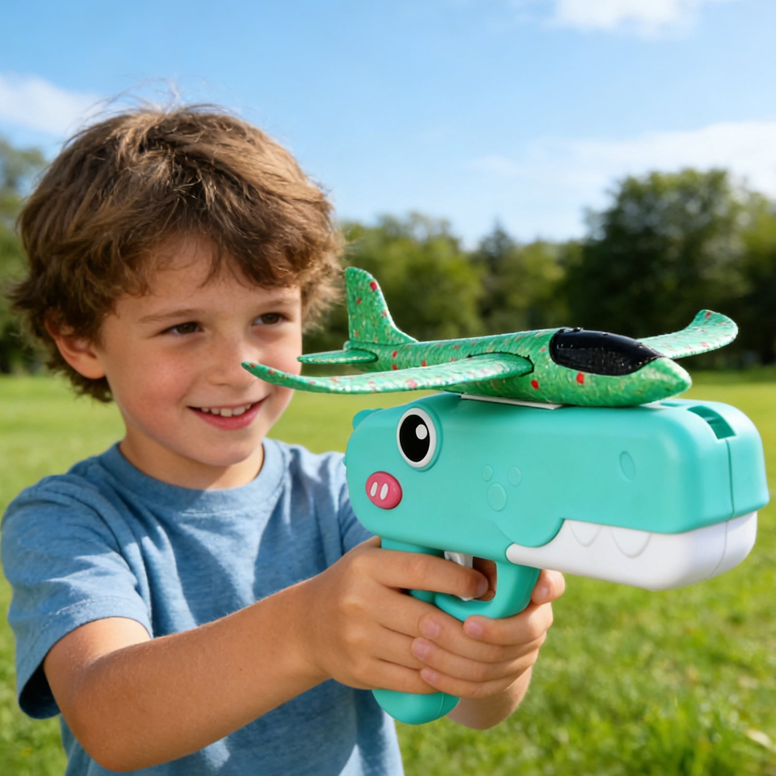 Dinosaur Airplane Launcher Toy with Box,2026 New 2 in 1 Airplane Launcher Toys, Dinosaur Air Launcher with Foam Glider,for Backyard Park Beach Play,Blue