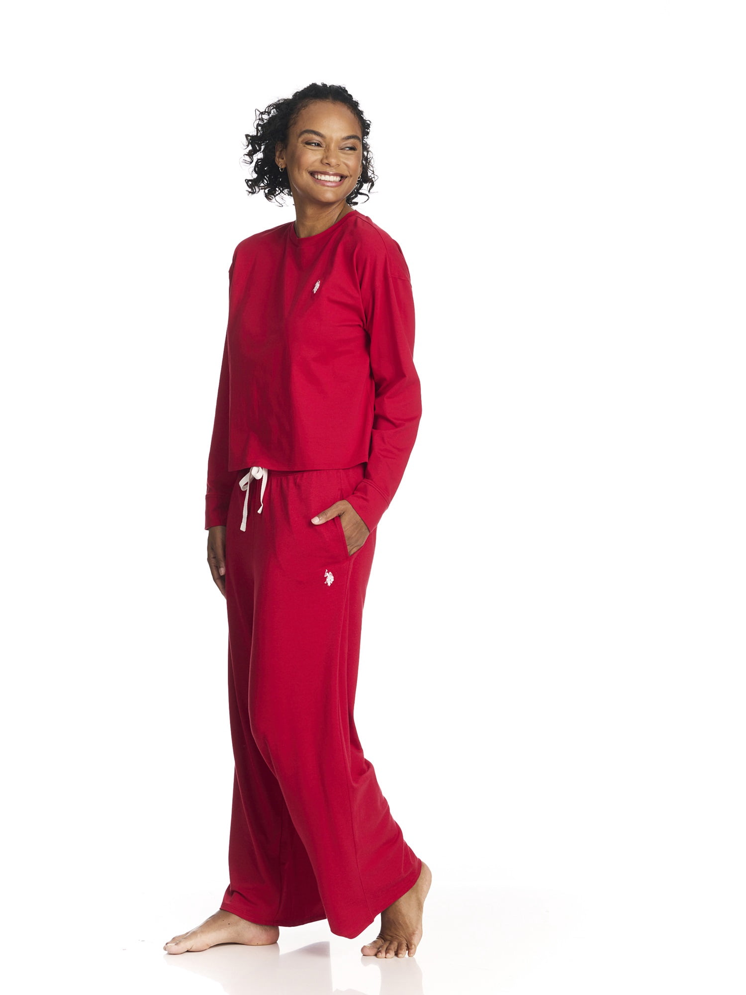 U.S. Polo Assn. Women's Long Sleeve Cotton Span Top and French Terry Wide Leg Pant Pajama Sleep Set, 2-Piece, Sizes S-3X