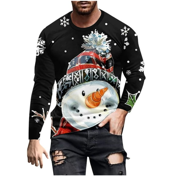 Christmas Shirts for Men Fashion Long Sleeve Christmas Colorful Graphic Print Pullover Sport T-Shirt Top Christmas Festival Crew Neck Blouses Tops S-5XL