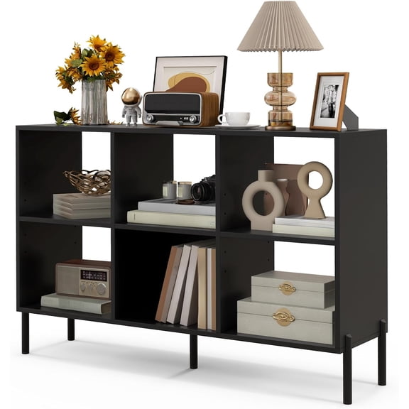 6 Cube Bookcase, 3-Tier Floor Open Bookshelf with 5 Metal Legs, Cube Storage Organizer with Adjustable Shelves, Modern Display Shelving for Living Room, Study, Bedroom, Office (Black)