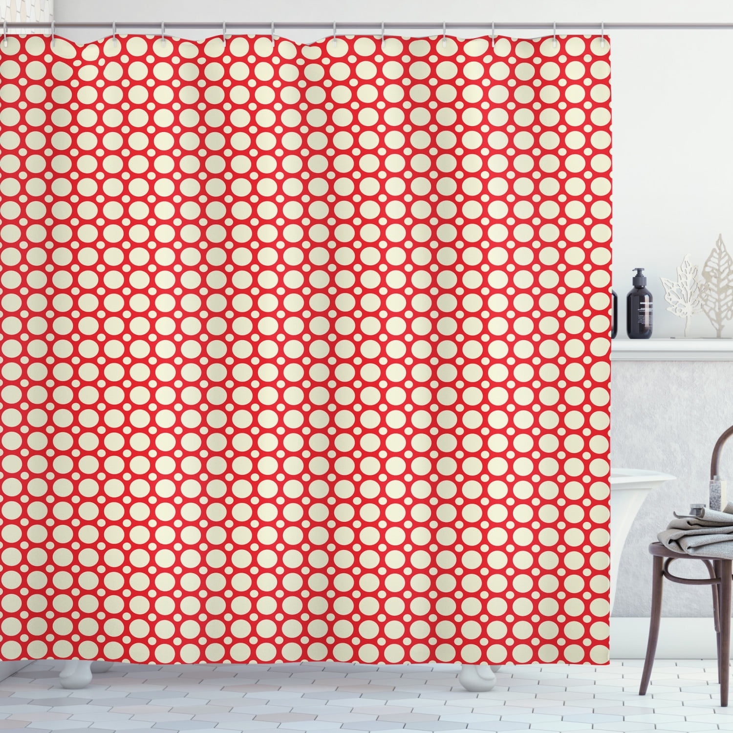 Retro Shower Curtain, Big and Small Polka Dots Pattern Symmetrical