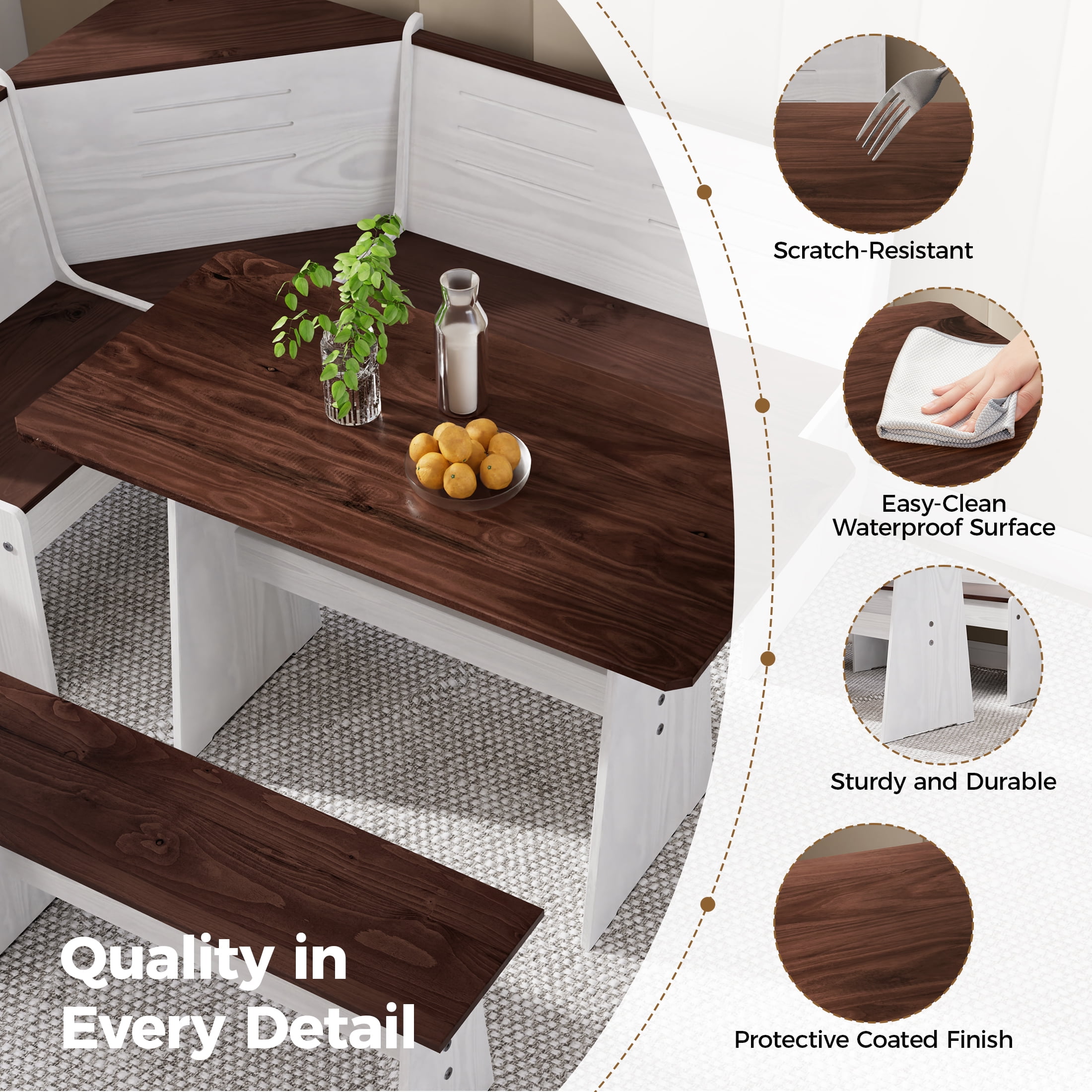 Breakfast Nook Kitchen Corner Dining Table Set, Nook Table Dining Room Sets for 3-5 with Bench, Farmhouse Corner Banquette Seating, White/Brown