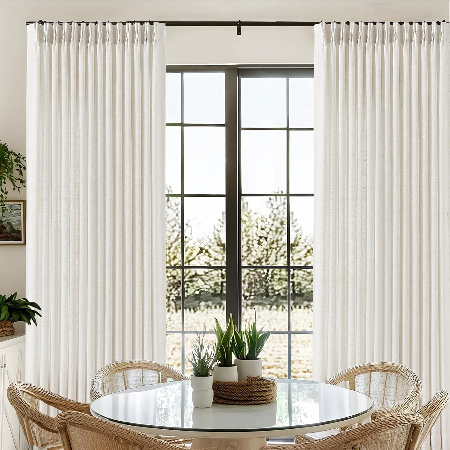Nalqet 40*90 inch 2 Panels Pinch Pleated Linen Curtains, Light Filtering Linen Blend Sheer Drapes Memory Trained Pleated Curtain Back Tab with Hooks Rings for Living Room Bedroom Office, Beige White