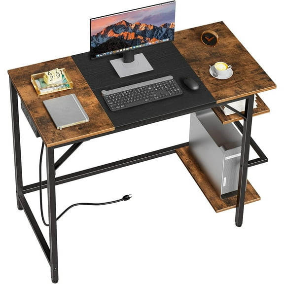 Computer Desk, Home Office Desk with Power Outlet, Writing Desk with 2 Shelves, Modern Small Desk for Home Office, Study, Easy to Assemble, Rustic Brown and Black BF43UDN01