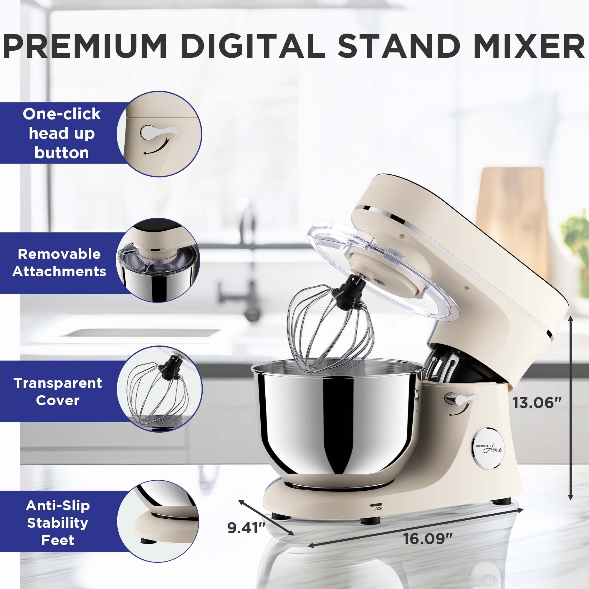 Magnavox 6.0L Digital Touch Screen Stand Mixer with Stainless Steel Bowl, 11-Speed, Tilt-Head, Planetary Mixing, 660W Motor, Dough Hook, Beater, Whisk, Bowl Cover, Cream