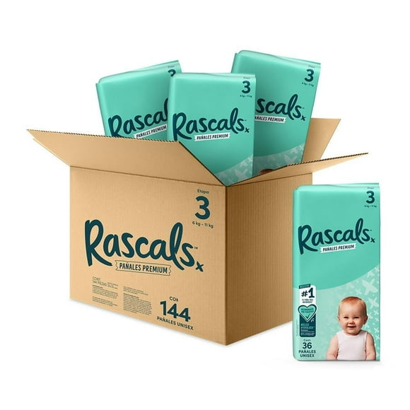 Pañales premium Rascals Etapa 3 Unisex 144 piezas