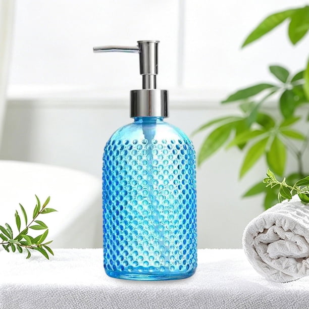 Botella de Loción de Vidrio con Dosificador – Dispensador de Jabón de Vidrio con Textura de Puntos En Relieve para Tocador de Cocina y Baño – Dosificador de Acero Inoxidable a Prueba de Fugas – Diseñ