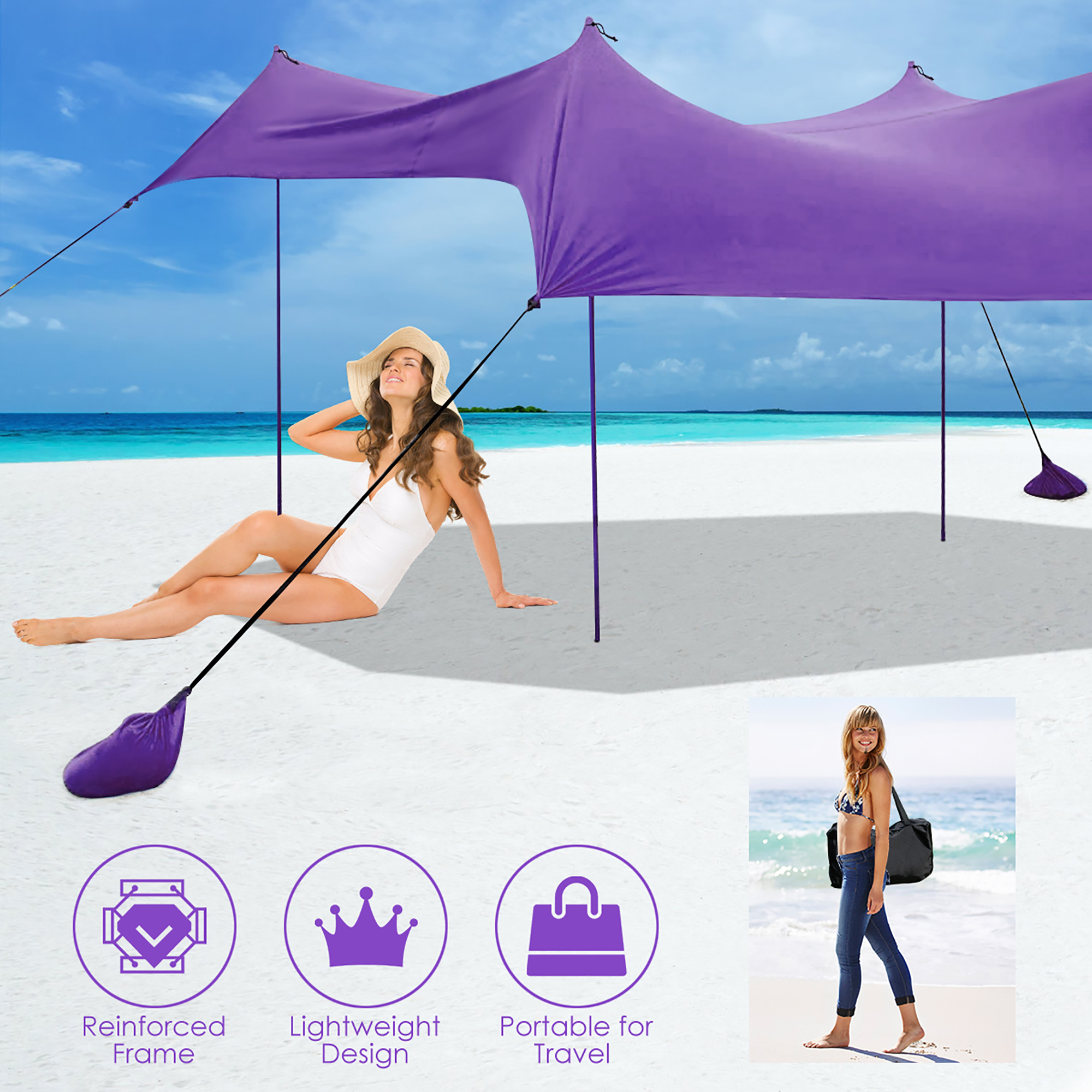 Pop Up Beach Tent UPF50+ Outdoor Sun Shade Canopy for 4-6 Adults, 1010 ft  Family Large Portable Sunshade, Tent with 4 Aluminum Poles,4 Pole Anchors,4  Sandbag Anchors for Beach Camping Outdoor 