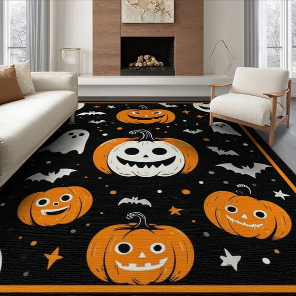 ODIKA 8'x10' Washable Area Rug Halloween Ghost Pumpkin Bat Skull Welcome Doormat Fiber Door for Dining Room, Large Office, Lounge, Non-Slip Chair-Friendly Mat