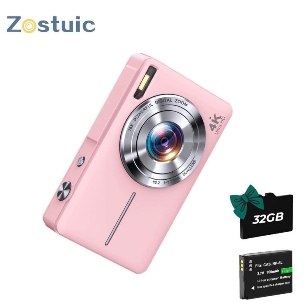 Pink Digital Camera, 4K 64MP Compact with Autofocus, Selfie Screen, 16X Zoom, 2.7" LCD, Flash, 32GB SD Card – Lightweight for Travel, Vlogging & YouTube