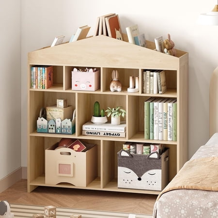 Kids Bookshelf 9-Cubby Toy Storage Organizer White Bookcase Toddlers Playhouse Cabinet Shelf for Boys Girls Wooden Storage Toy Shelf for Playroom Nursery Kids Room