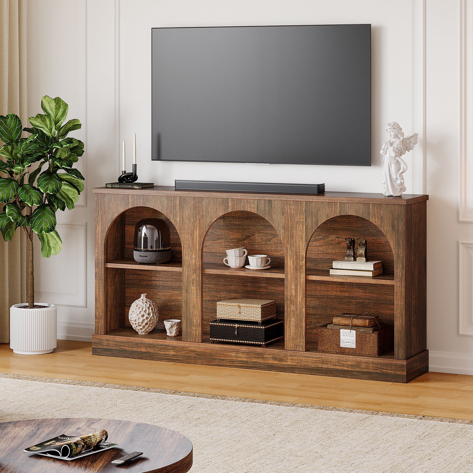 Tribesigns TV Consoles with Storage Cabinets, Television Stand for 55/60/65 Inch TV, Farmhouse Entertainment Center Stand for Living Room, Dark Brown
