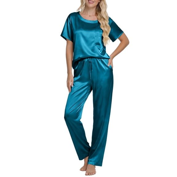 DAKIMOE Womens Silk Satin Pajama Set Short Sleeve Shirt with Long Pajamas Pant Set Two-piece Pj Sets Soft Sleepwear Loungewear Nightwear Pjs S-XXL, Peacock Blue, M
