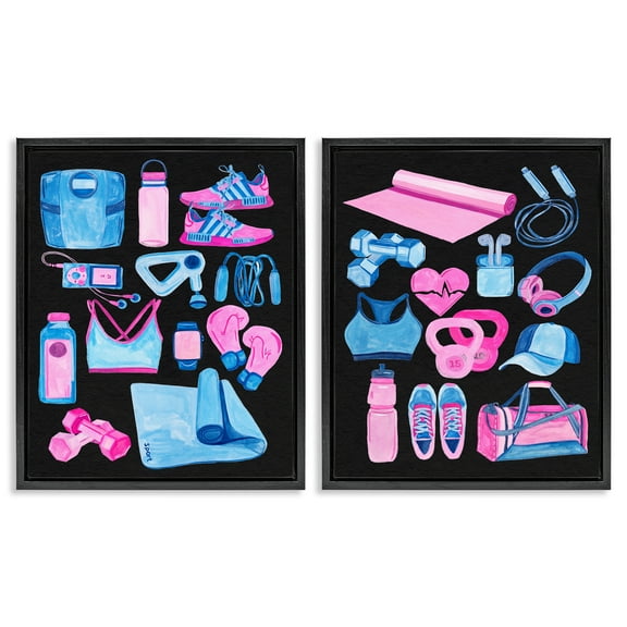 Stupell Industries Exercise Gear Pink & Blue Sports Painting Black Floater Framed Canvas Art Print Wall Art, 17 x 21, Set of 2