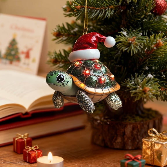 Zenithome Quirky Cute Eye Catching Acrylic Santa Hat Turtle Ornament For Xmas Tree Wreath Car Mirror Decor Adding Festive Sparkle Cheer