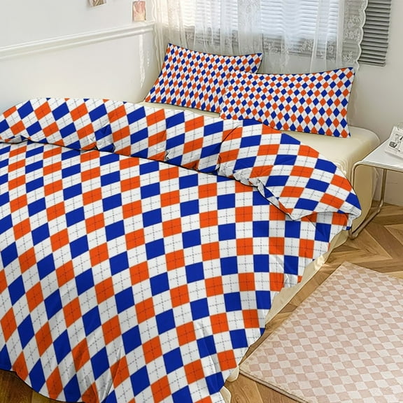 3 Pcs Soft Bedding Set, Includes 1 Duvet Cover with Zipper And 2 Pillow Shams,Orange And Blue Traditional Argyle All Over Print Twin(86"x70")