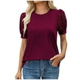 thumbnail image 2 of Sevevn Women's Fashion Solid Color Round-Neck Short Sleeve Round-Neck Blouses Wine L Beach Vacation Clothes for Women, 2 of 7
