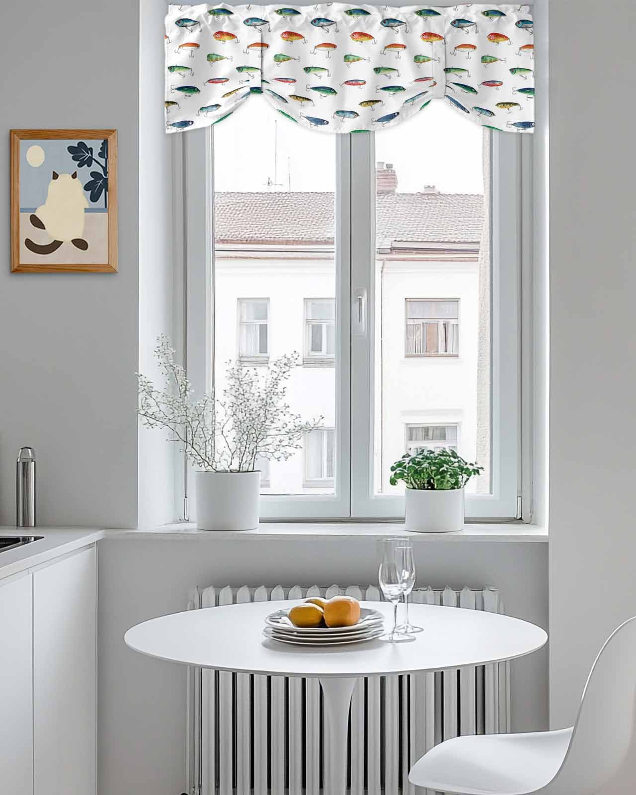 Fish Tie Up Valances Curtain, Adjustable Kitchen Colorful Hook Bait Leisure Fishing Watercolor Valances for Windows Decor, Rod Pocket Short Curtains Set for Bedroom/Bathroom, 60"x18"