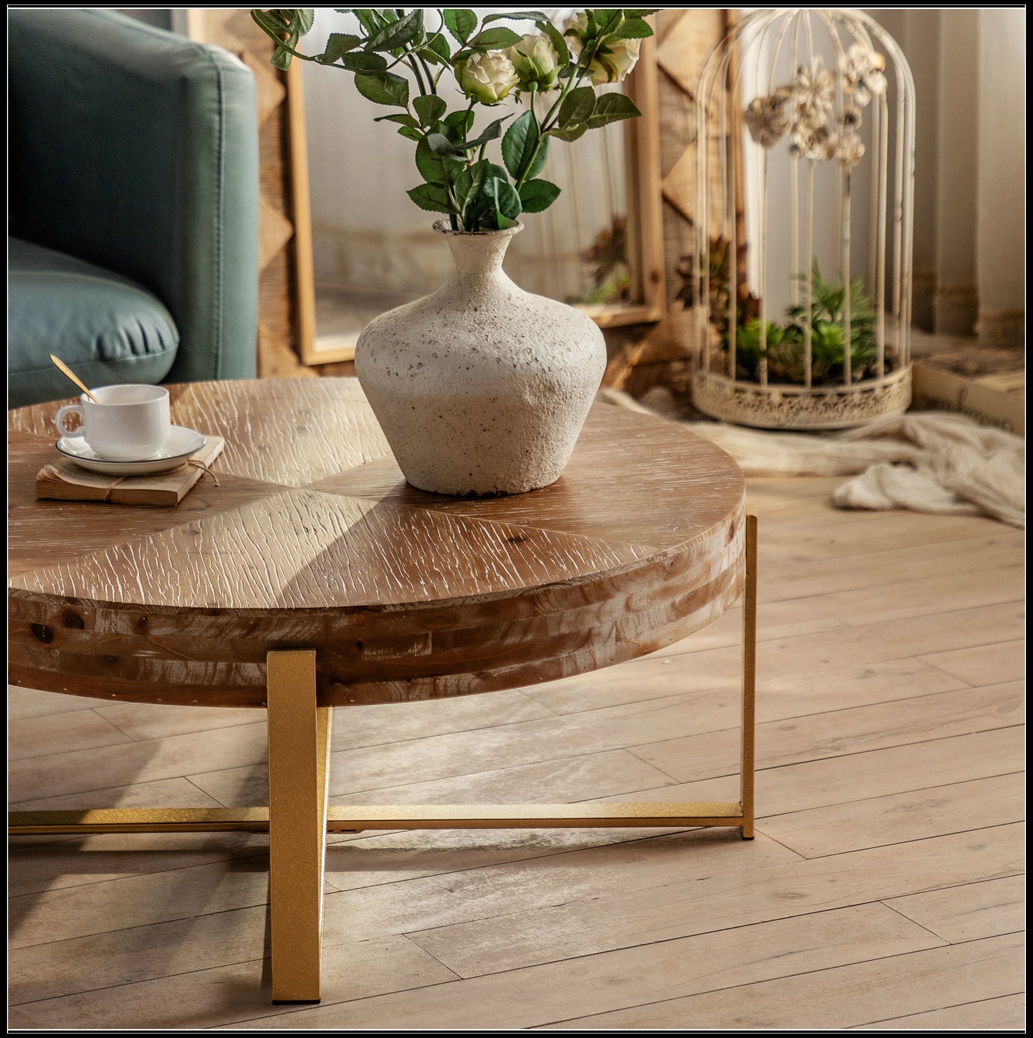 31.29"Modern Retro Splicing Round Coffee Table,Fir Wood Table Top with Gold Cross Legs Base(Same SKU:W757102843)