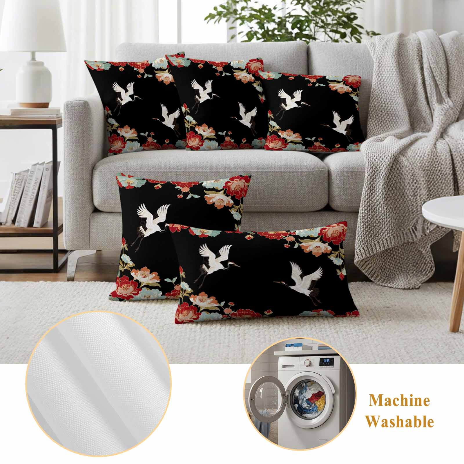 Pack of 2 Black Crane Outdoor Pillow Covers Decorative, Waterproof Pillow Protector, Vintage Red Teal Spring Floral Botanical Throw Pillowcases Accent Cushion Cases for Patio Couch Sofa 18"x18"