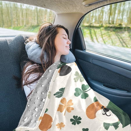 Four Leaf Clover Dogs Travel Blanket Pillow Compact Foldable Airplane Throw Blanket with Trolley Sleeve for Travel Camping Four Leaf Clover Dogs Travel Blanket Pillow Compact Foldable Airplane Throw Blanket with Trolley Sleeve for Travel Camping