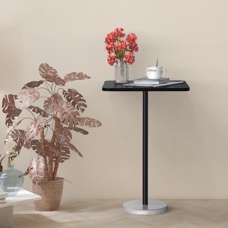 BTY Modern Black Wood & White Marble Side Table – Sleek Narrow End Table for Living Room, Sofa Side, Bedroom (Black Top/Black Pole/Marble Base)