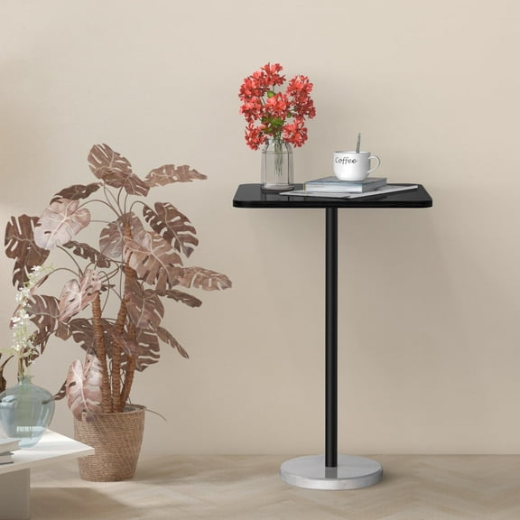 BTY Modern Black Wood & White Marble Side Table – Sleek Narrow End Table for Living Room, Sofa Side, Bedroom (Black Top/Black Pole/Marble Base)