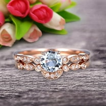 2 Carat 6mm Round Cut Aquamarine Bridal Set Engagement Ring With Matching Band 10k Rose Gold Art Deco Vintage Look