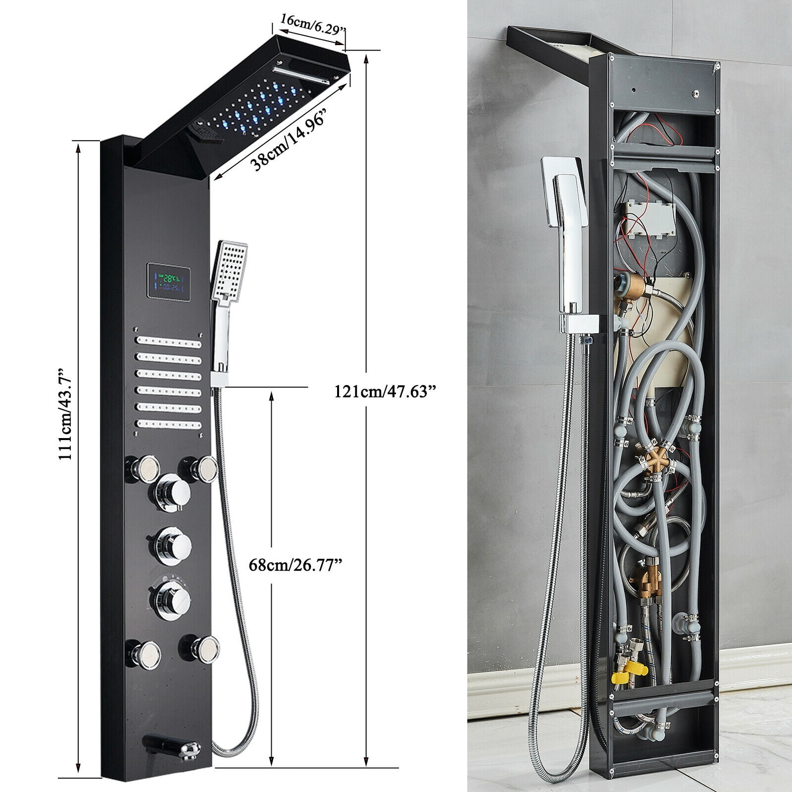 LED Shower Panel Tower System Rain&Waterfall Massage Black Stainless