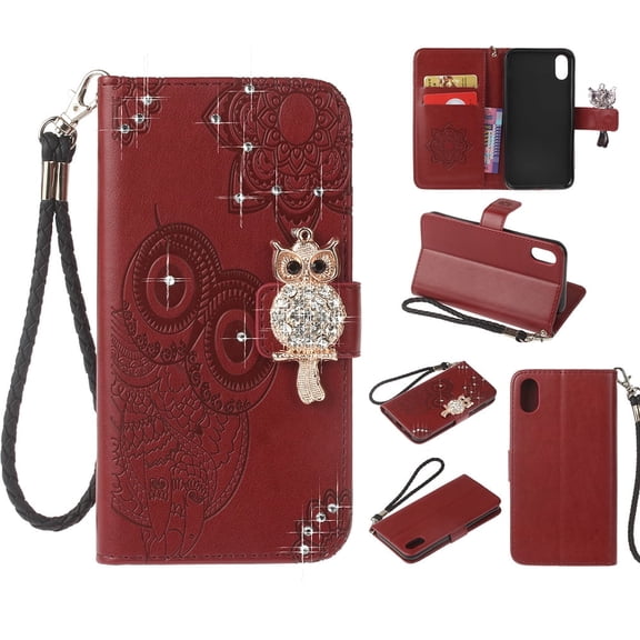 iPhone XR Case 6.1", Allytech PU Leather Protective Glitter Owl Magnetic Closure Kickstand Cards Holder Hand Wrist Folio Anti-Slip Wallet Girls Case Cover for Apple iPhone XR 2018, Winered