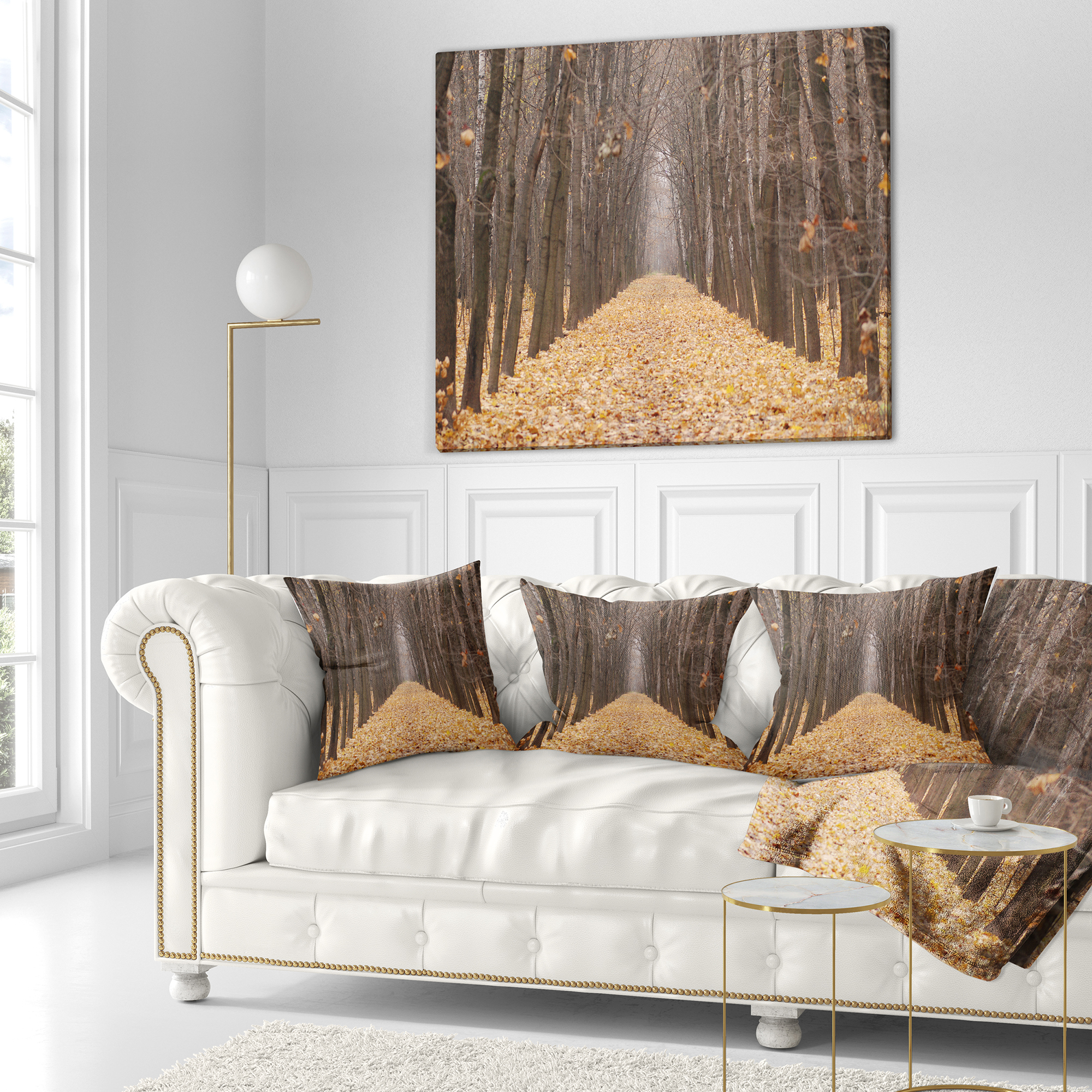 Designart Yellow Road through Fall Forest - Modern Forest Throw Pillow - 16x16