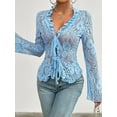 thumbnail image 6 of Women'S V Neck Lace Sheer Top Mesh See Through Shirts Open Front Tie Long Sleeve Blouses Y2k Going Out Tops Blue S, 6 of 8