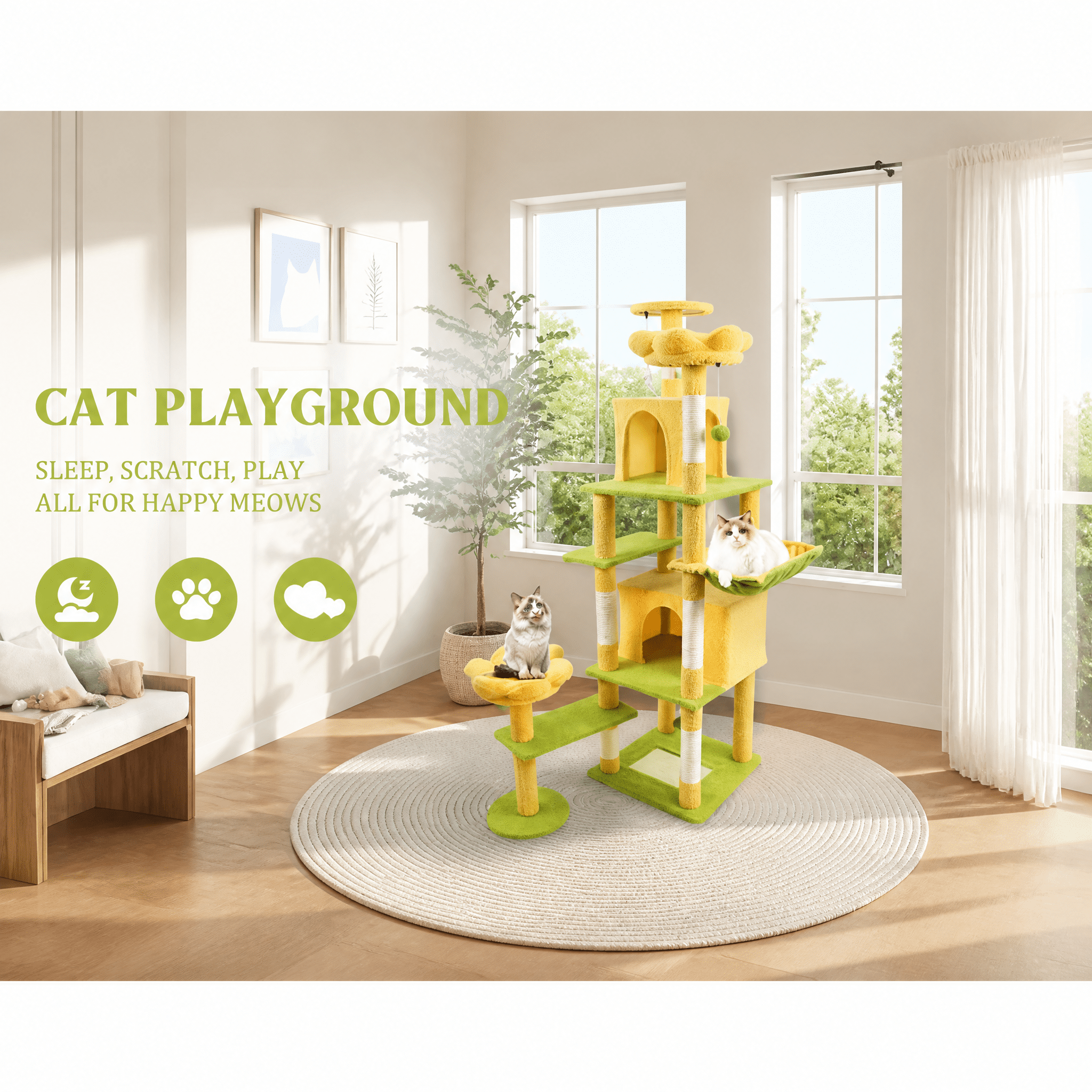 71 Inch Yellow Floral Cat Tree, 7-Level Large Cat Tower with Spacious Condo, Removable Flower Cushion & Hammock, Natural Sisal Scratching Posts for Large & Multi-Cat Families