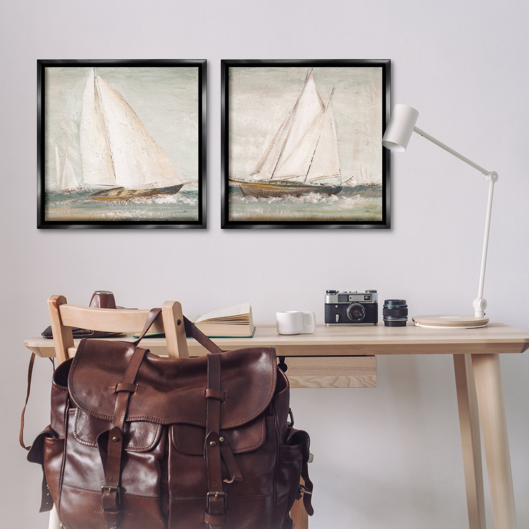 Stupell Industries Tall Ships at Sea Nautical & Beach Painting Black Floater Framed Canvas Art Print Wall Art, 25 x 25, Set of 2