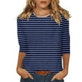 thumbnail image 2 of Women's Crew Neck 3/4 Sleeve Striped Print Top, Contrast Trim Casual Slim Fit Basic T-Shirt Blouse for Spring Summer Daily Wear 05-Navy S, 2 of 5