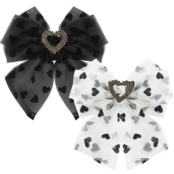 Mber 2 Pack Hair Clip Barrettes Lace Hair Bows, White Bow, Black Bow Hair Clip, Heart Rhinestones Ribbon Hair Bow for School Wedding Birthday