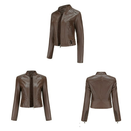 Juebong PU Leather Jacket for Women for Teen Girls Dressy Slim Leather Lapel Zip Motorcycle Suit Belt Coat Jacket Tops Coffee M