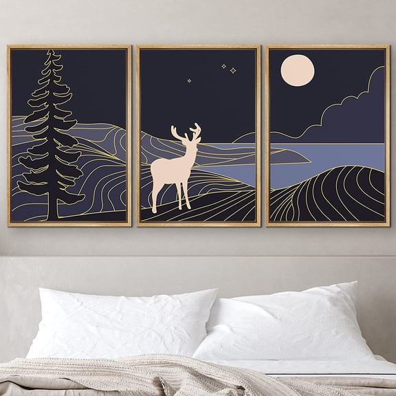 PixonSign Framed Canvas Print Wall Art Deer in Golden Forest Landscape Animals Wilderness Digital Art Modern Art Farmhouse/Country Colorful Metallic for Living Room, Bedroom, Office - 24"x36"x3