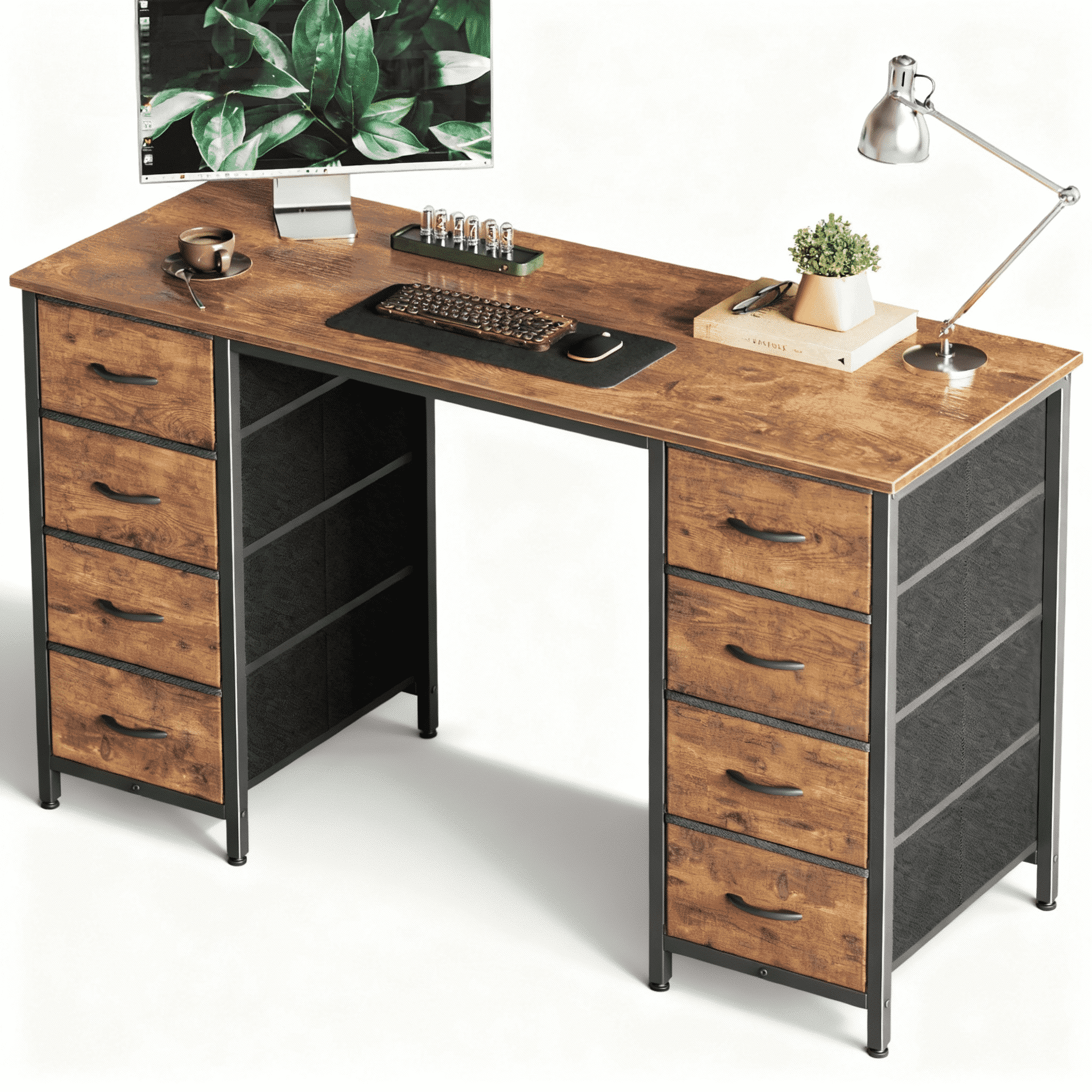 CONCETTA 47 Inch Computer Desk with 8 Fabric Drawers, Home Office Desk Workstation for Study & Gaming, Large Storage Writing Desk, Sturdy Metal Frame, Brown