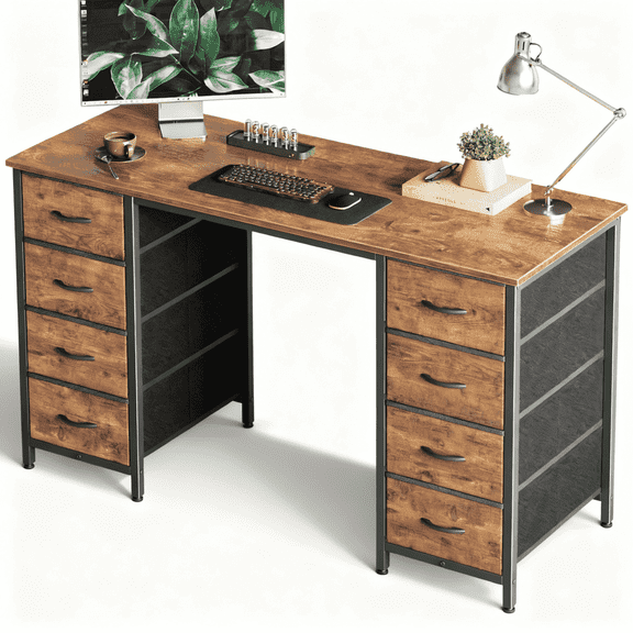 CONCETTA 47 Inch Computer Desk with 8 Fabric Drawers, Home Office Desk Workstation for Study & Gaming, Large Storage Writing Desk, Sturdy Metal Frame, Brown