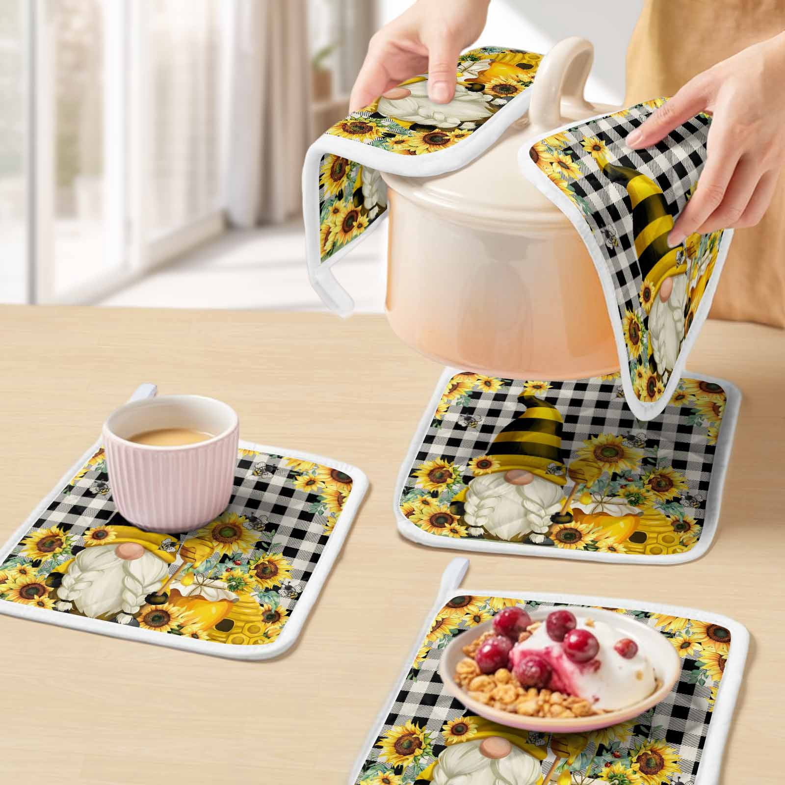 Yellow Sunflower Pot Holders for Kitchen Heatproof Potholder, 3 Pack Spring Summer Bee Gnomes Black Plaid Hot Pads Multipurpose Oven Pads Cloth Potholders Trivet for Cooking Baking