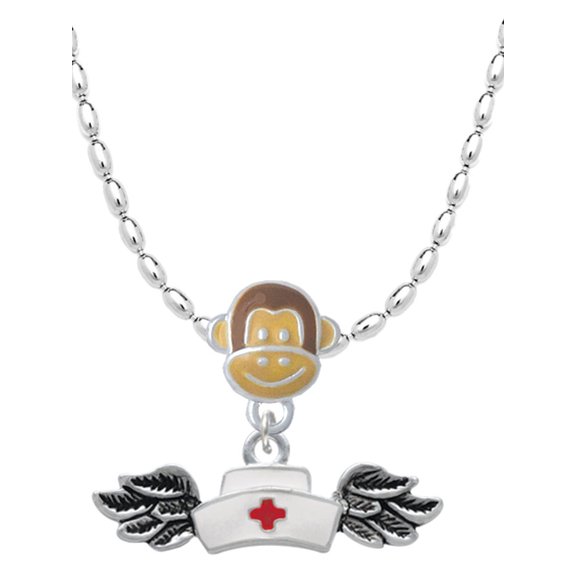 Delight Jewelry Silvertone Enamel Nurse Hat with Wings Mia Monkey Charm Necklace